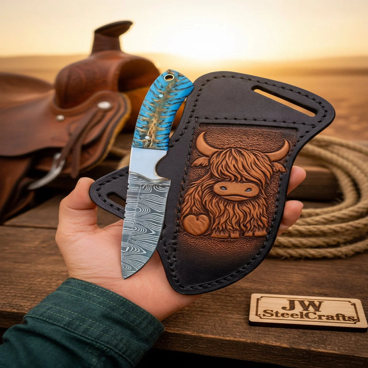 Damascus Cowboy Skinner Knife Blue Pinecone Handle Steel Bolster Full Tang Buffalo Sheath 8"