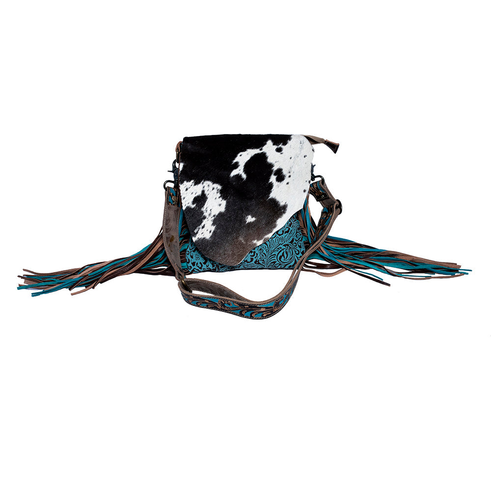 Myra Cobal Blue Concealed Carry Bag â€“ Hair-On Leather Crossbody with Embossed Turquoise Panel and Fringe Detailing