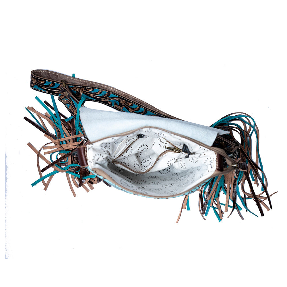 Myra Cobal Blue Concealed Carry Bag â€“ Hair-On Leather Crossbody with Embossed Turquoise Panel and Fringe Detailing