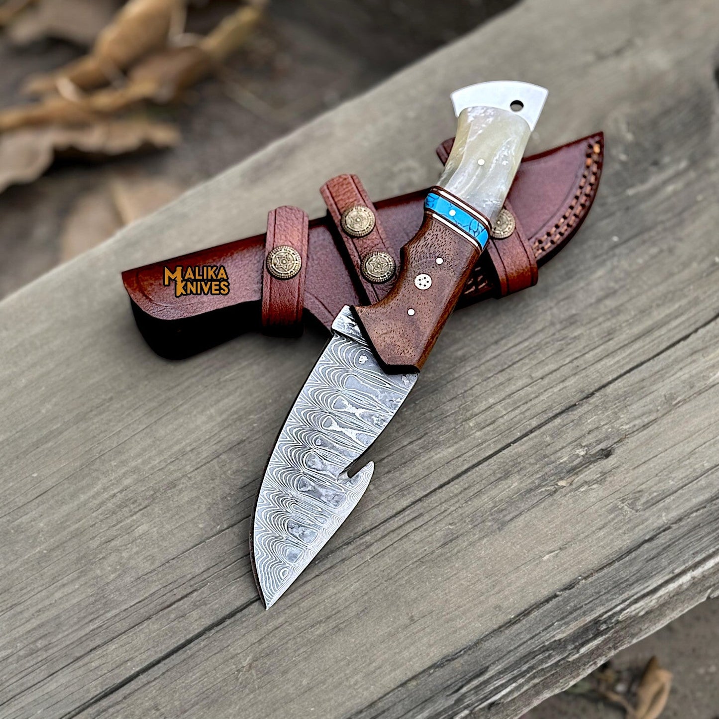 Stainless Damascus GutHook Hunting Knife | Wood & Marble handle-0361