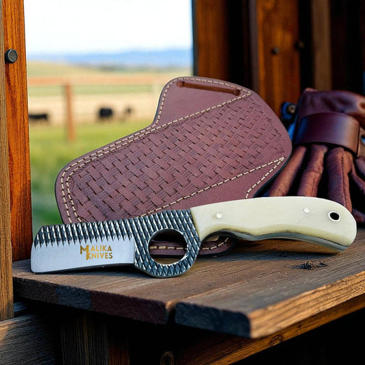 Cowboy Bull Cutter Knife | D2 Rasp Steel Blade | Camel Bone Handle | Leather Sheath