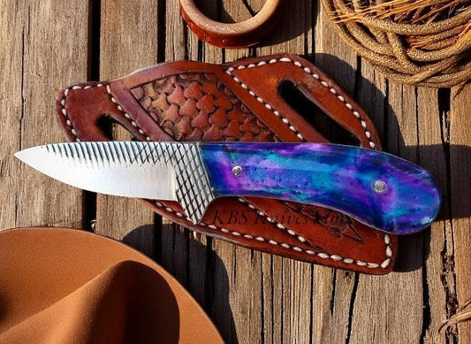 Western Heritage Cowboy Knifes – Custom Handmade with Rasp Steel Blade & Resin Handle + Western Sheath