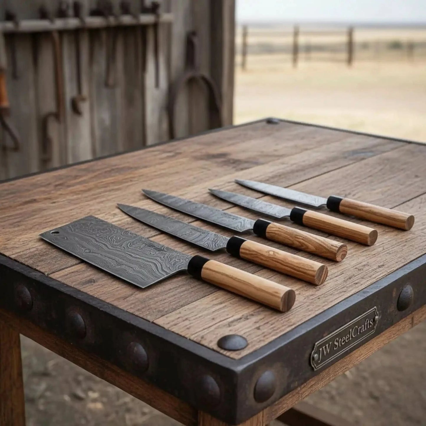 4-Piece Twisted Damascus Kitchen Knife Set — Chef, Nakiri, Slicer & Paring with Olive Wood Wa Handles & Black Leather Roll | JW Steel Crafts