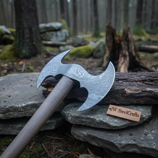 Custom Hand Forged Damascus Steel Viking Double Bit Throwing Axe with Hardwood Handle and Leather Sheath | JW SteelCrafts