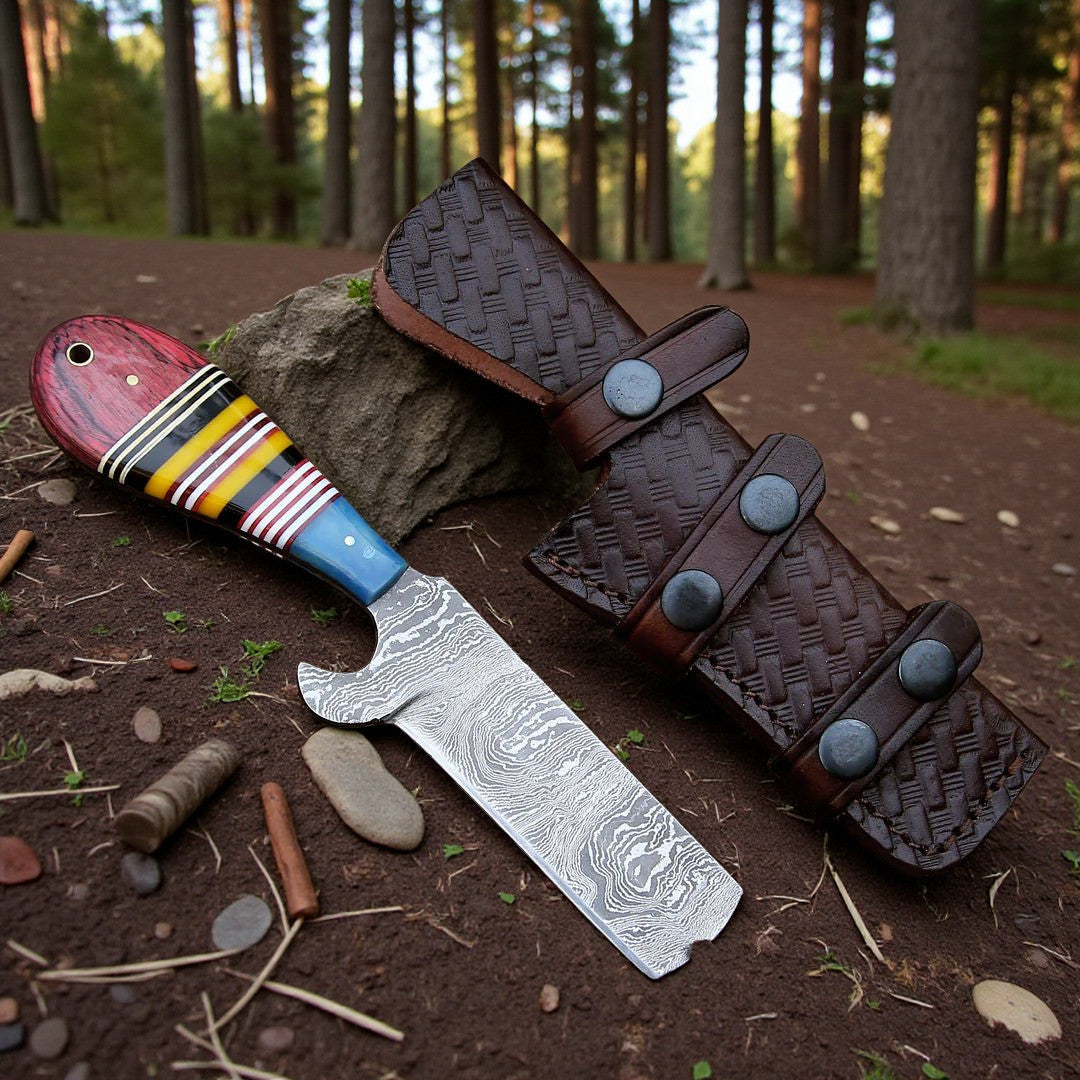 Damascus Bull Cutter Knife | Cowboy Fixed Blade | Leather Sheath.