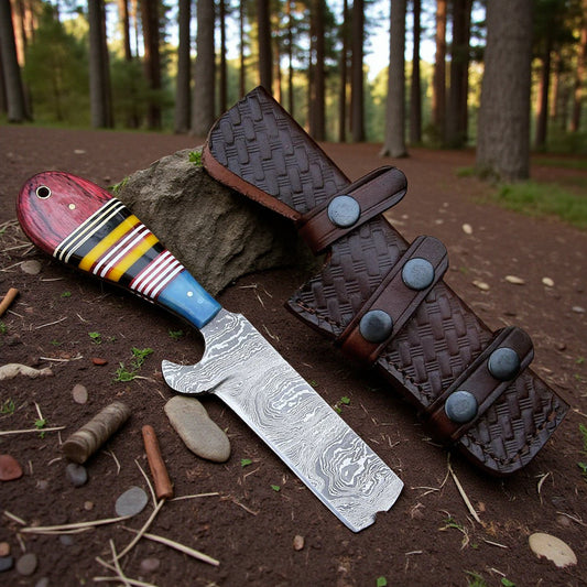 Damascus Bull Cutter Knife | Cowboy Fixed Blade | Leather Sheath.