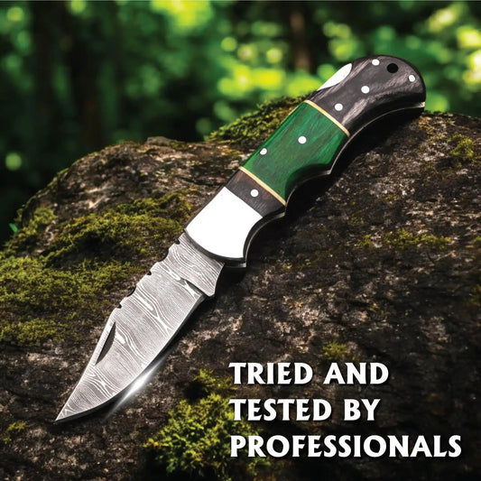 Damascus Folding Knife | Green & Black Dyed Wood Handle | Pocket Knife