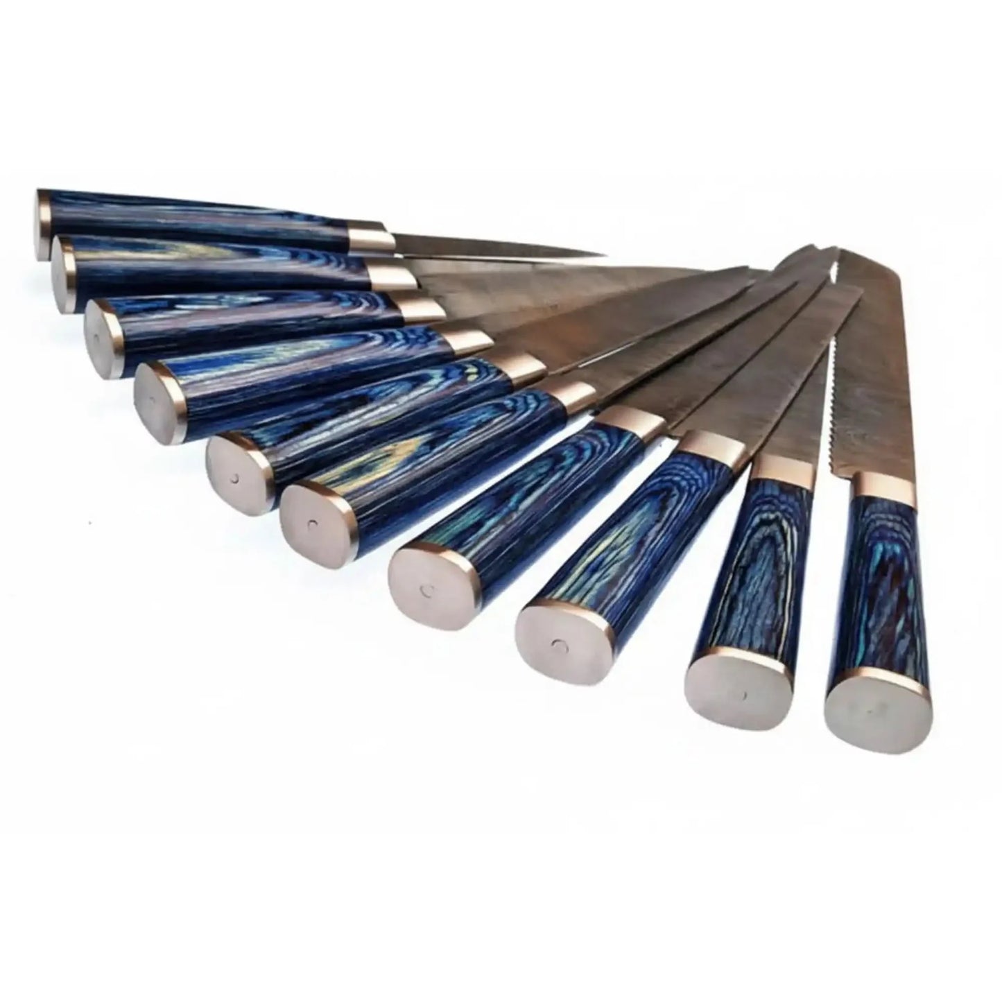 10-Piece Handmade Damascus Kitchen Knife Set – Blue Pakkawood Handles | Chef, Santoku, Cleaver, Bread, Slicing, Boning, Utility & Paring