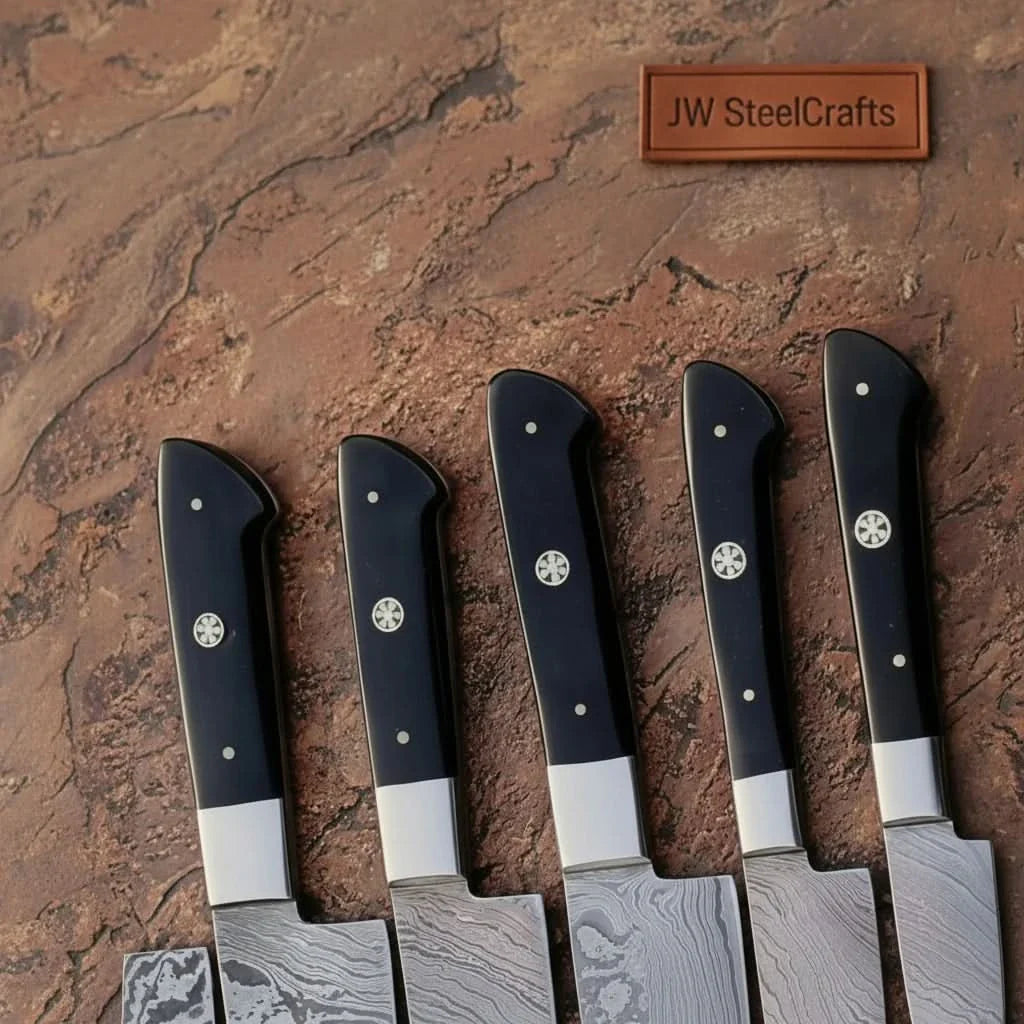 Hammer-Forged Damascus 7-Piece Carving & Slicer Knife Set — with Black Resin Handles