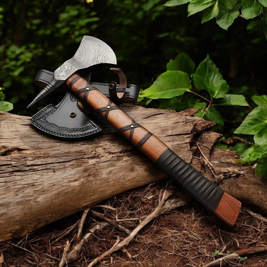 Handmade Damascus Viking Axe – Rosewood Handle & Leather Sheath