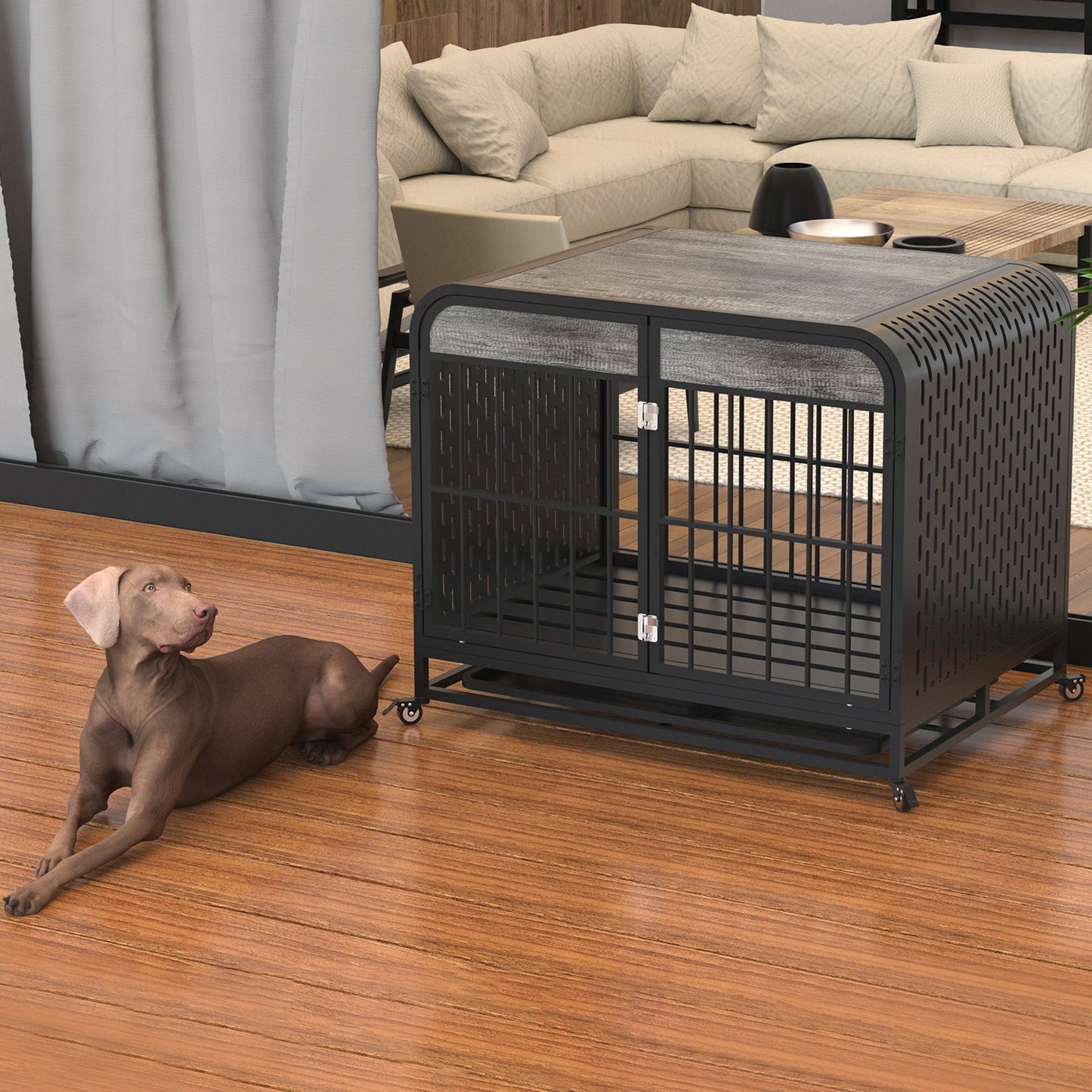 Heavy Duty Wooden Dog Crate Furniture Table 33 Inch Grey - Stylish and Durable Pet Solution