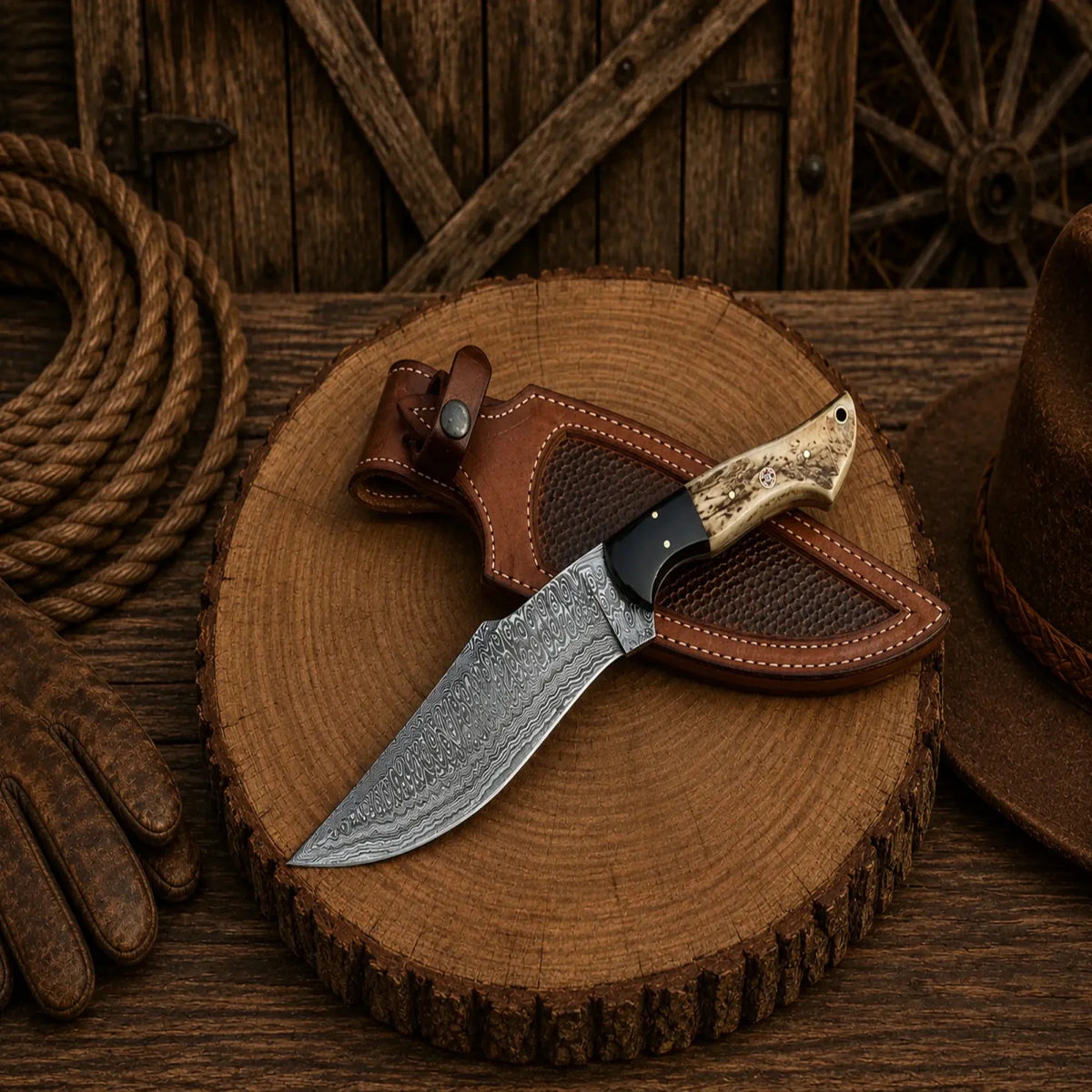 Deer Hunting Bowie Knife – Frostfang Damascus Steel Stag Handle