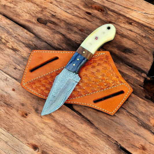 Handmade Damascus Cowboy Knife – 8" Bone & Wood Handle