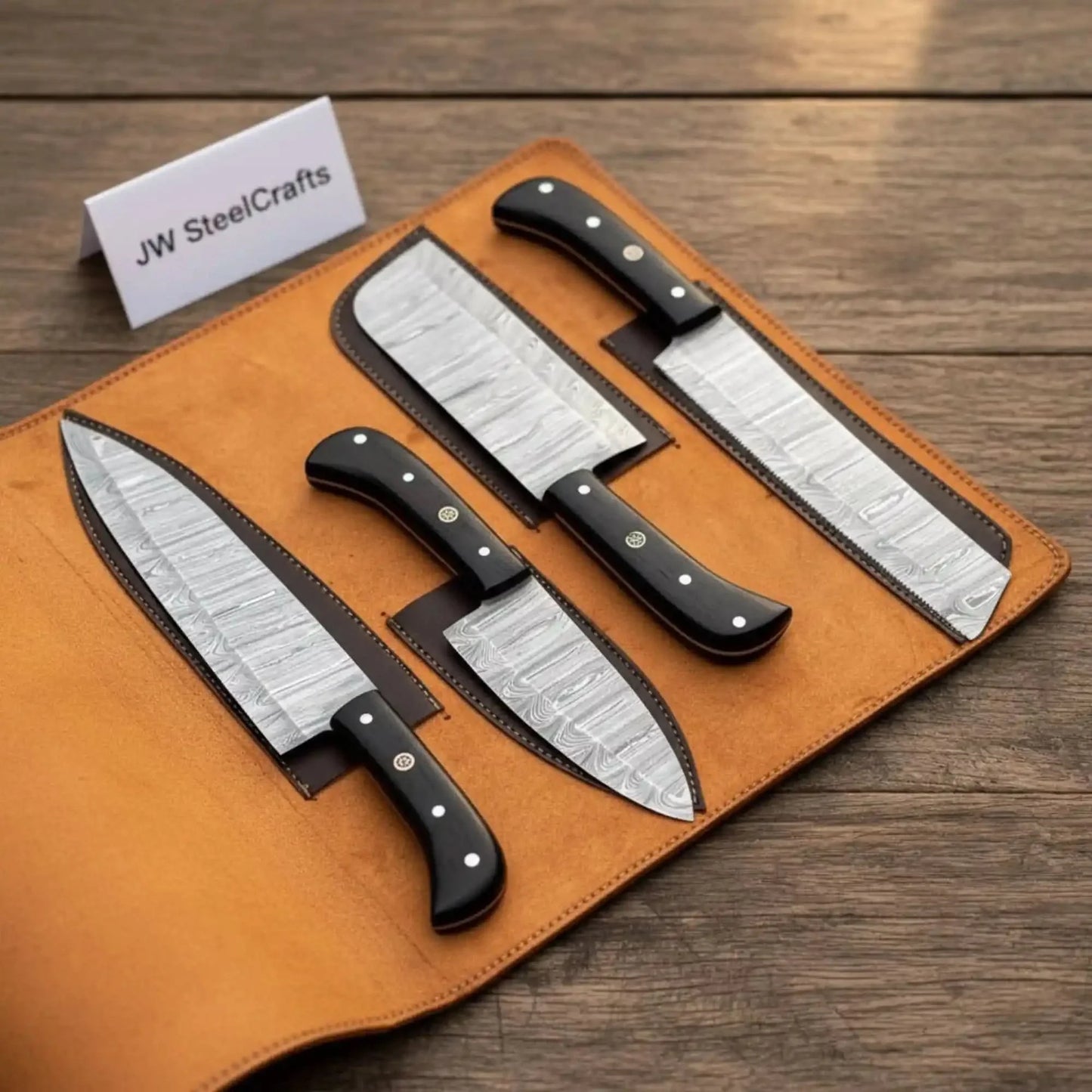 4-Piece Damascus Steel Kitchen Knife Set — Chef, Santoku, Cleaver & Utility with Wengi Wood Handles & Leather Roll