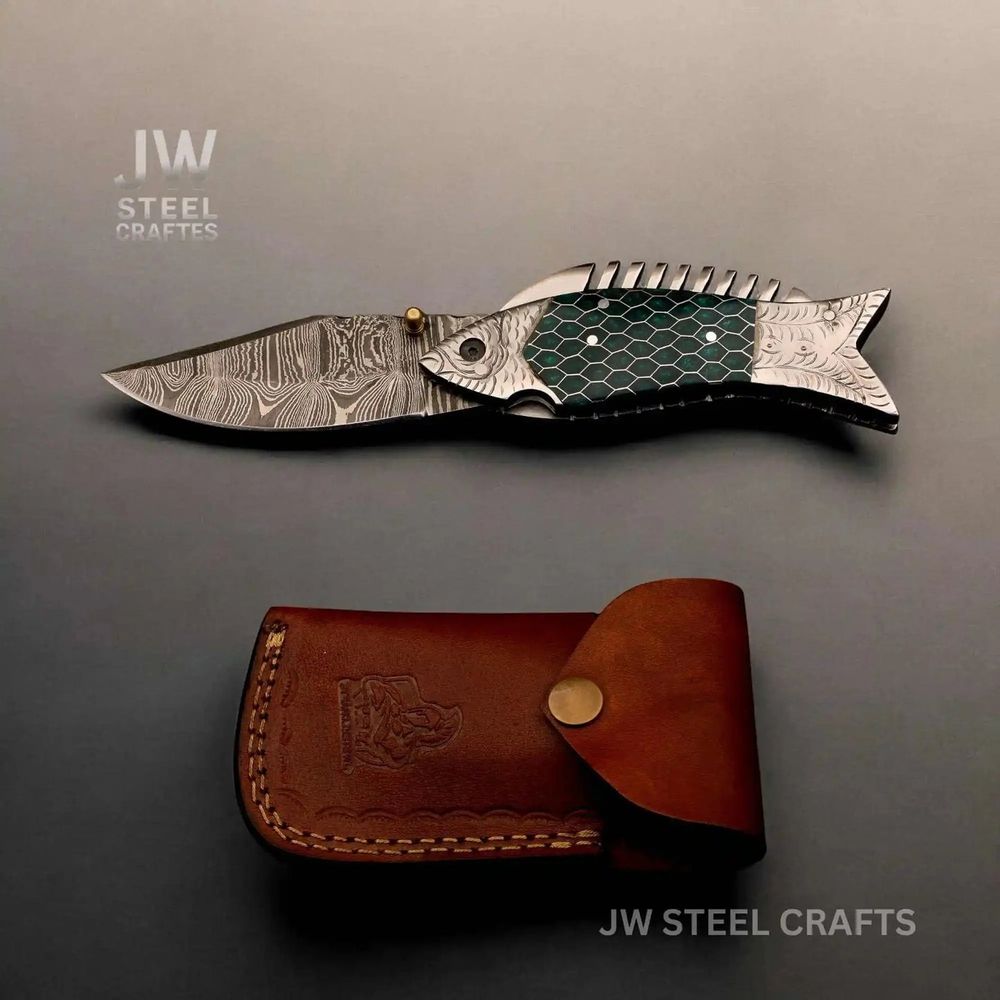 Fish-Style Damascus Folding Knife | 5 Color Variants | Hand-Engraved Collectible by JW SteelCrafts