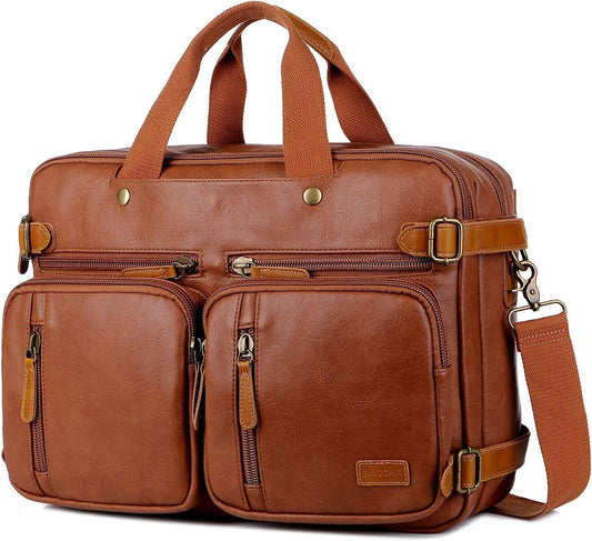 3-in-1 Vegan Leather Briefcase Backpack Hybrid – Convertible 17″ Laptop Bag (Red Lining)