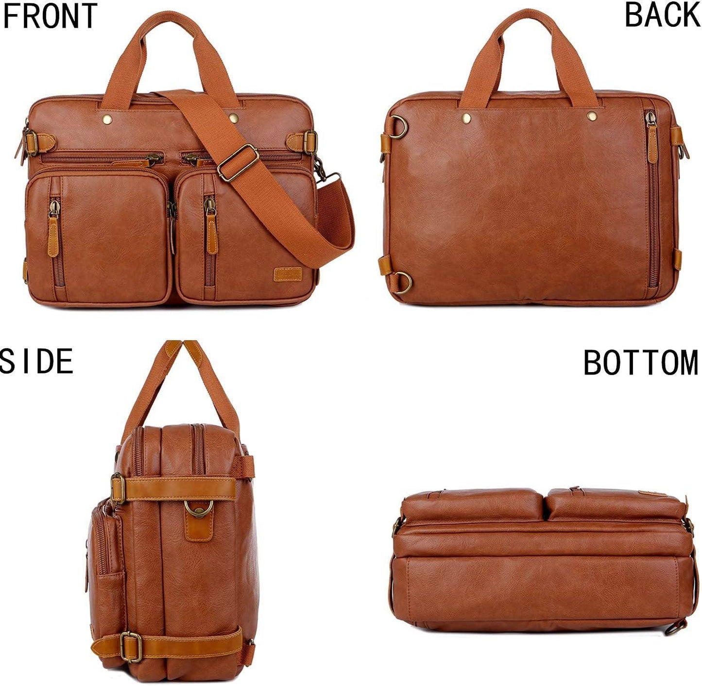 3-in-1 Vegan Leather Briefcase Backpack Hybrid – Convertible 17″ Laptop Bag (Red Lining)