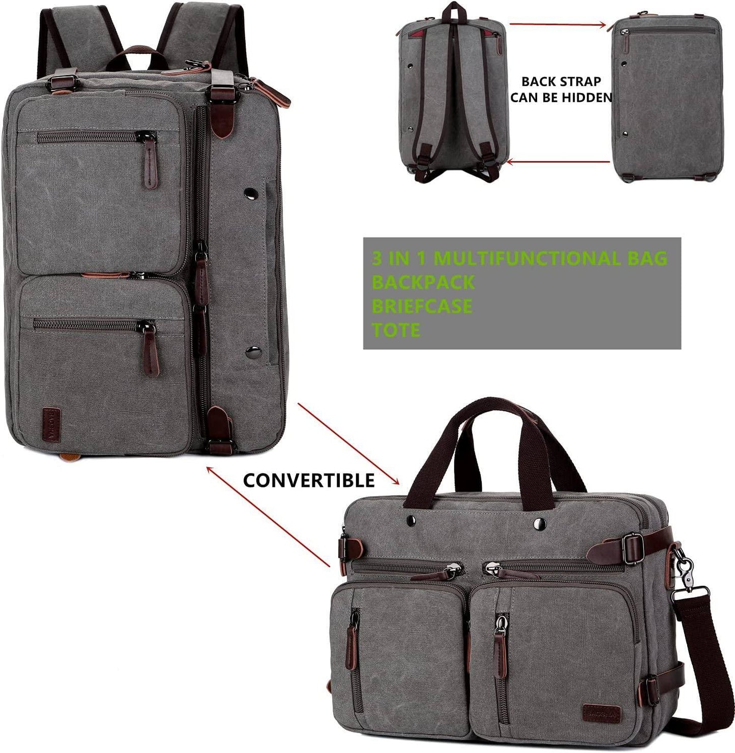 Convertible Briefcase Backpack – 3-in-1 Laptop Bag (17″) with Red Lining