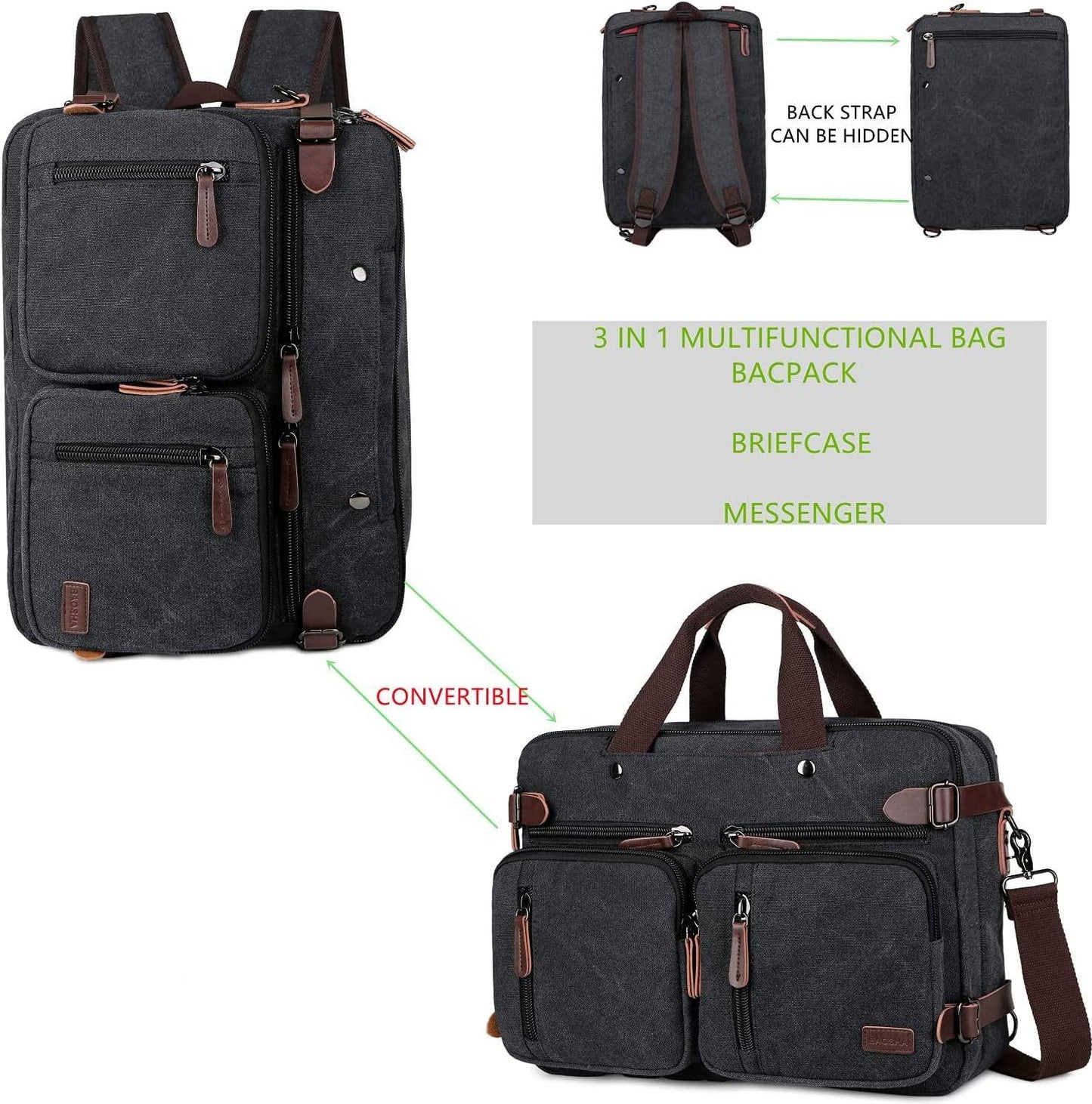 Convertible Briefcase Backpack – 3-in-1 Laptop Bag (17″) with Red Lining
