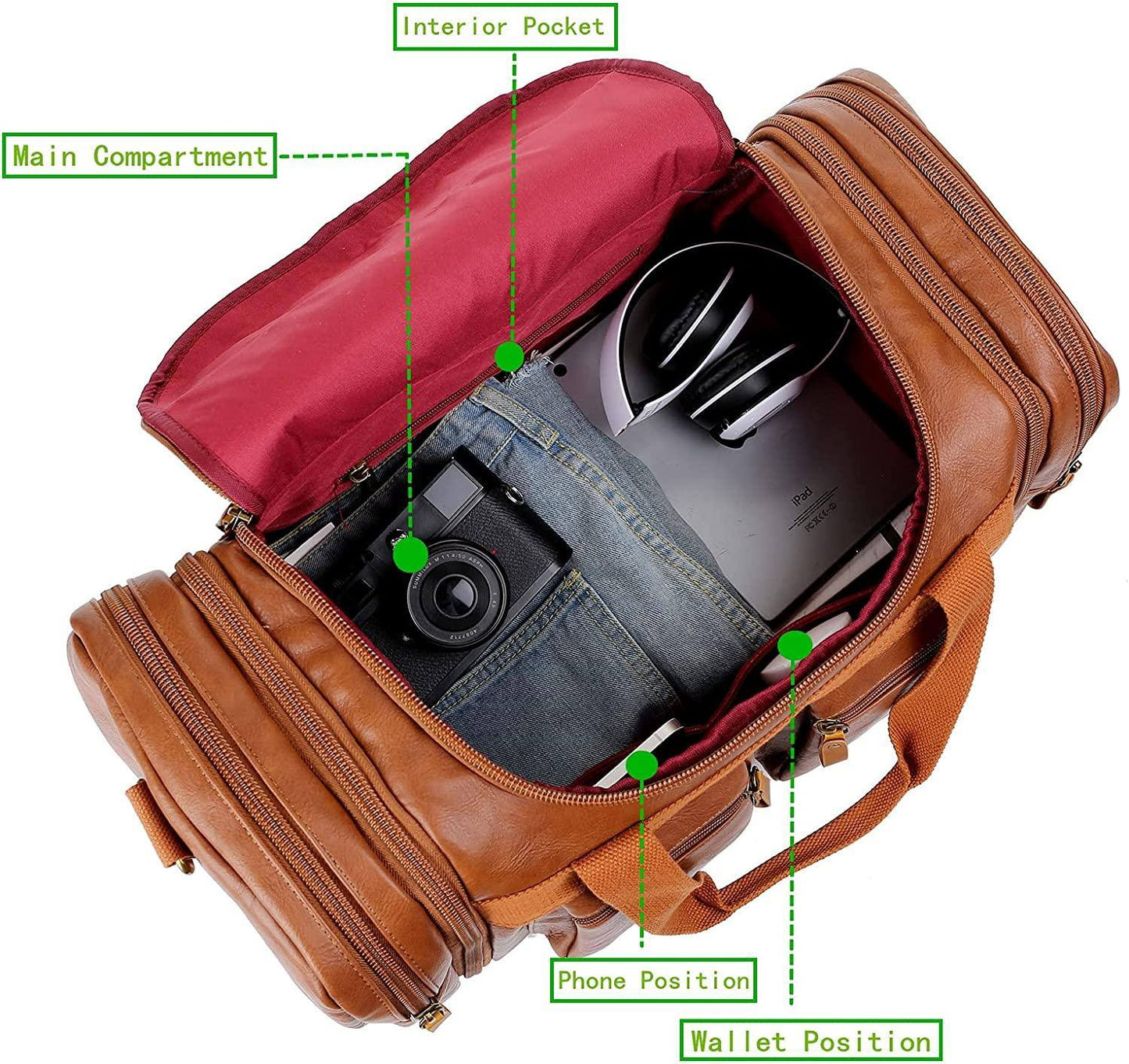 Stylish Leather Travel Duffel Weekender Bag – 40L Expandable Carry-On