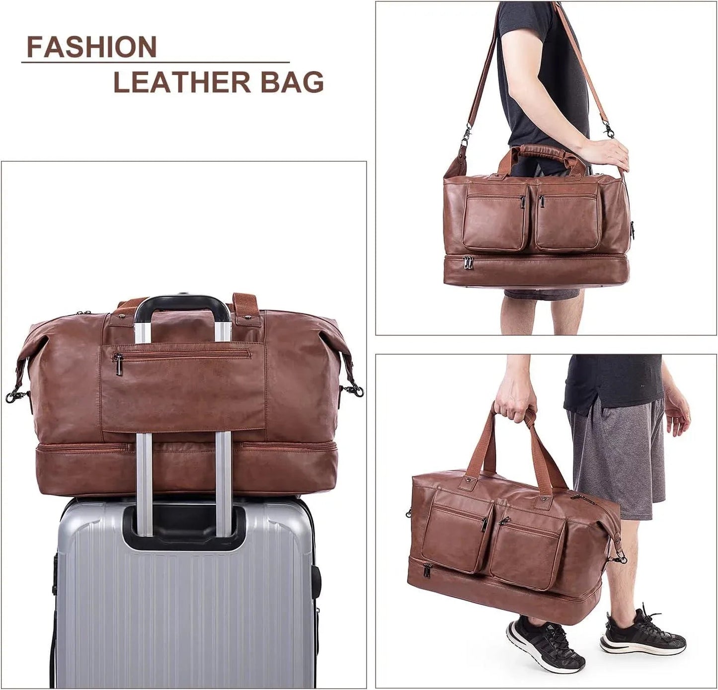 Leather Overnight Bag for Men – Waterproof Vegan Carry-On Weekender