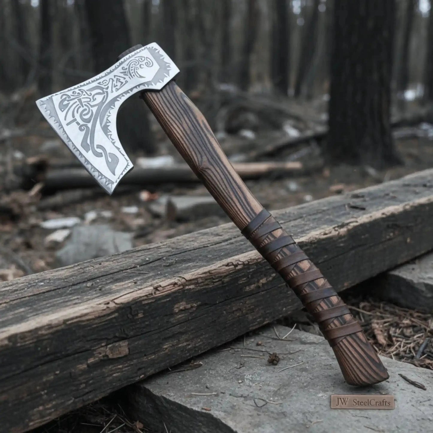 Hand Forged Carbon Steel Viking Axe with Carved Ash Wood Handle and Leather Grip