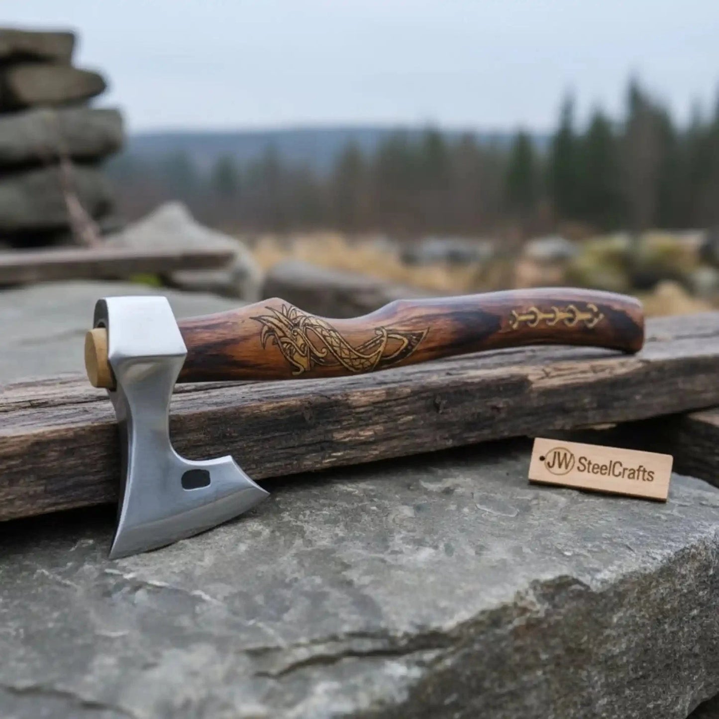 Hand Forged Damascus Steel Viking Axe – 18” Bearded Bushcraft Hatchet with Hardwood Handle | JW SteelCrafts