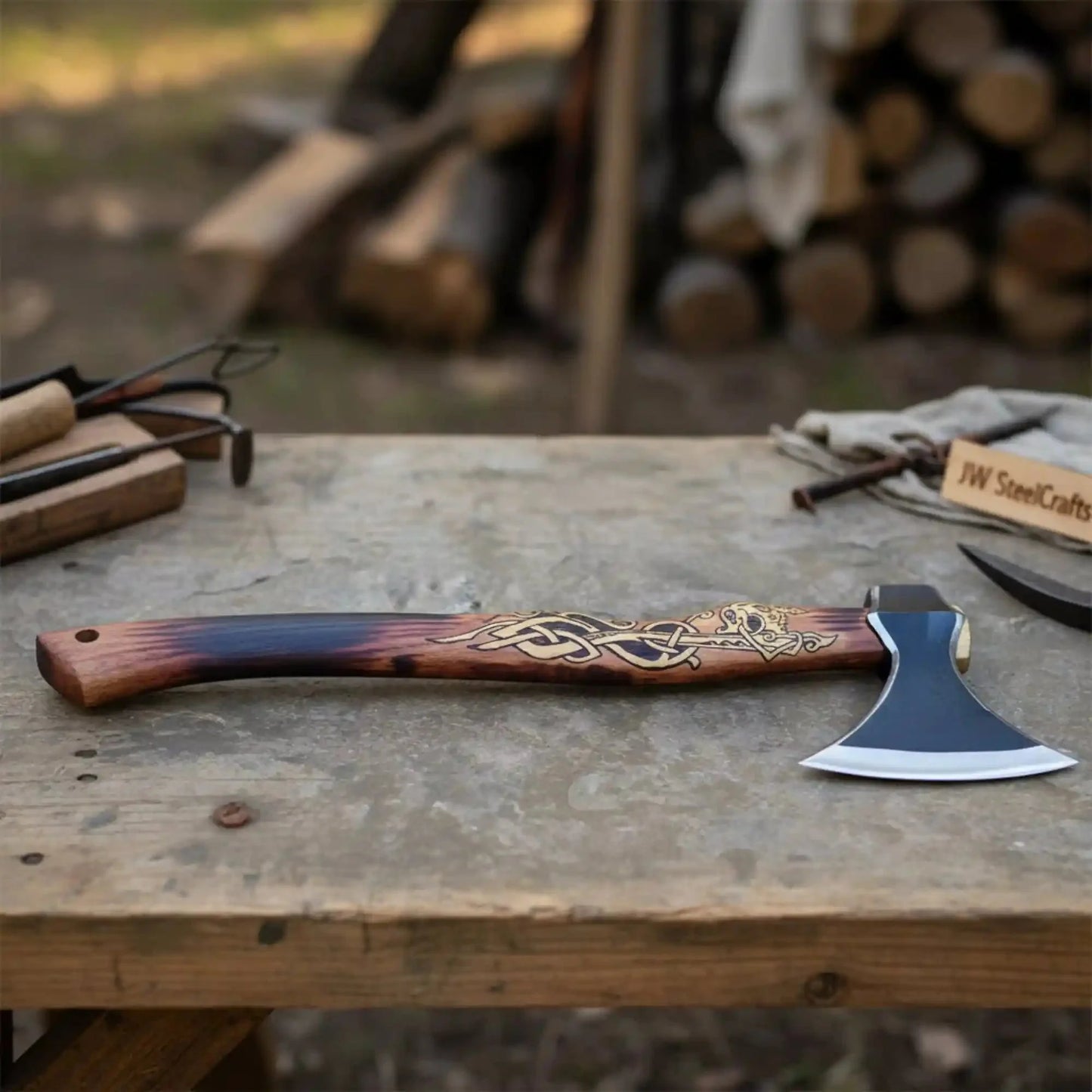 Hand-Forged Viking Bearded Camp Axe with Engraved Hardwood Handle