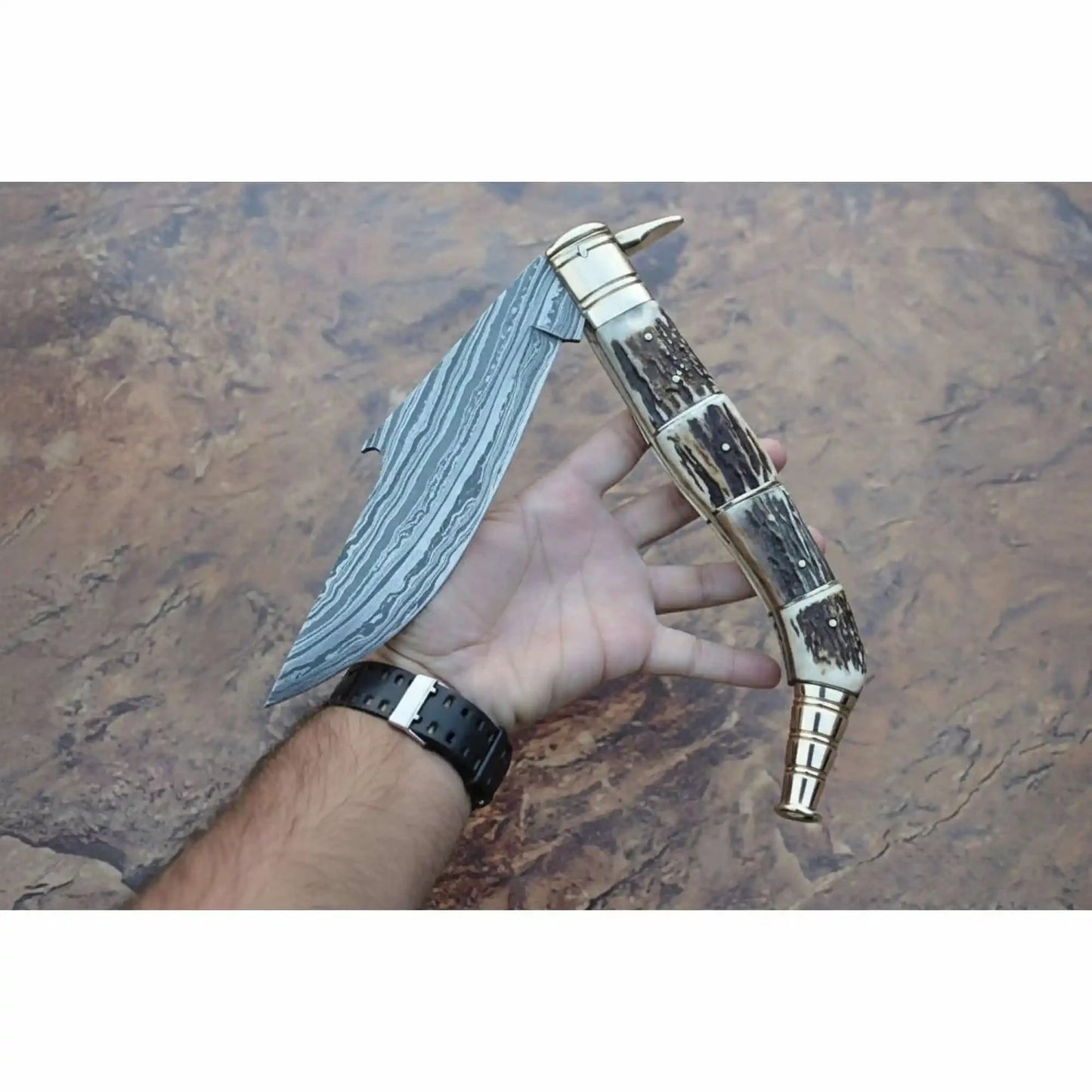 Handcrafted Damascus Steel Big Folding Knife with Genuine Antler Stag Horn Handle