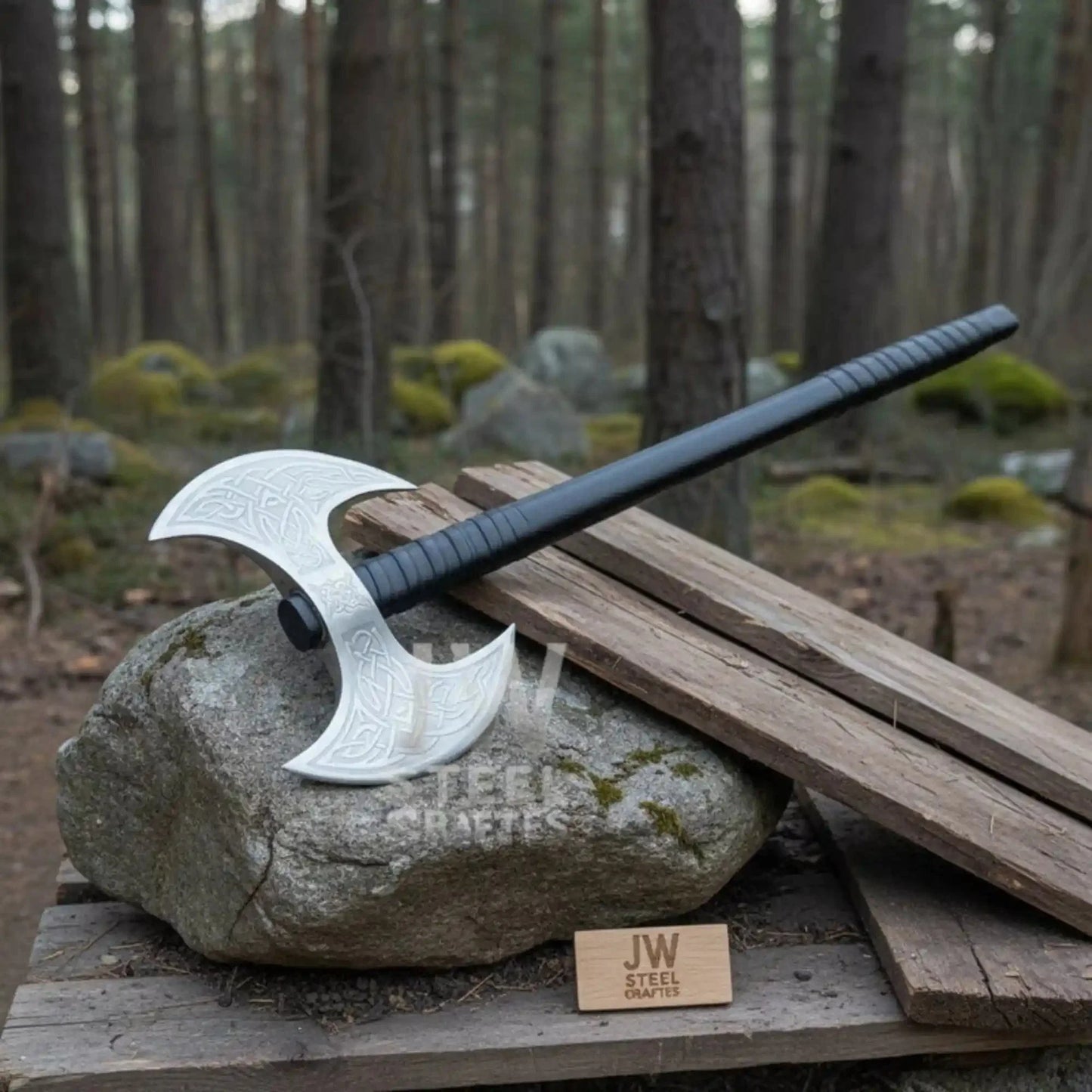 Hand Forged Double-Headed Viking Axe with Nordic Knotwork Engravings and Cord-Wrapped Handle