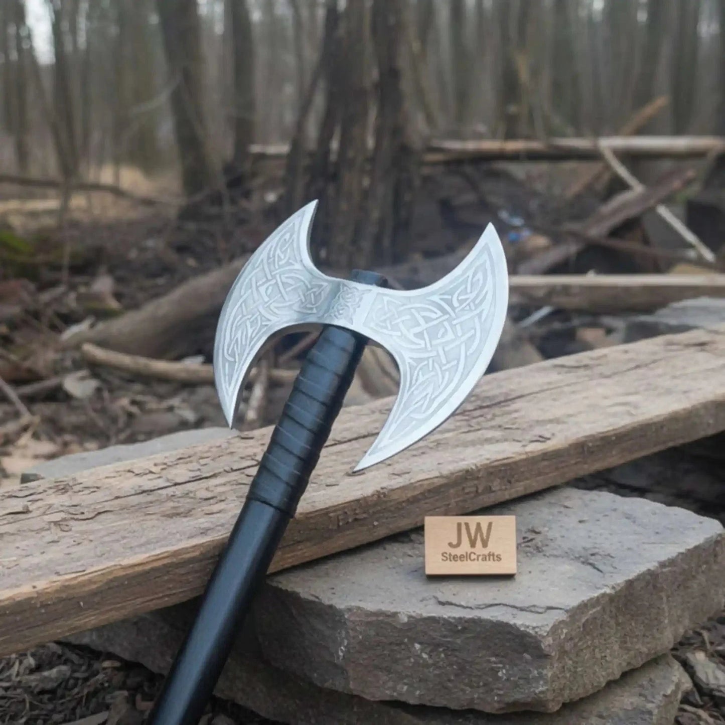 Hand Forged Double-Headed Viking Axe with Nordic Knotwork Engravings and Cord-Wrapped Handle