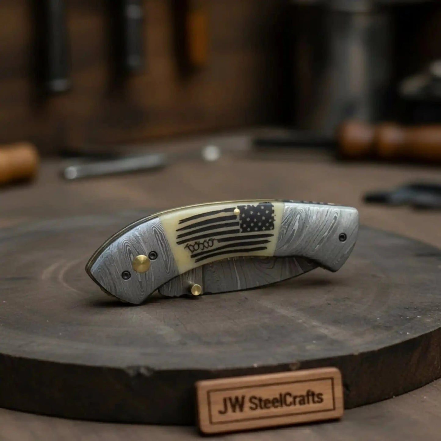 Handmade Damascus Drop Point Folding Knife – American Flag Handle, EDC Pocket Knife