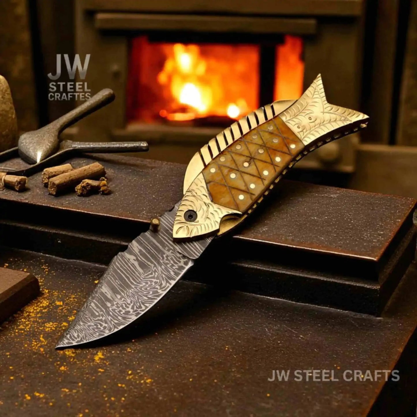 Handmade Damascus Fish Folding Knife – Bone Handle with Brass Bolster