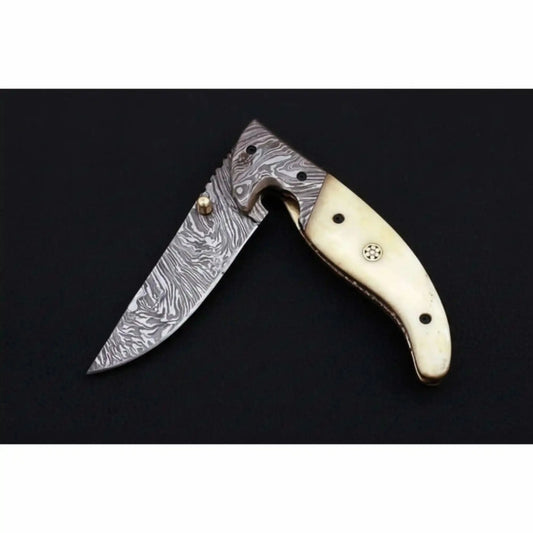 Handmade Damascus Folding Knife with Bone Handle – Compact EDC Pocket Knife with Leather Sheath