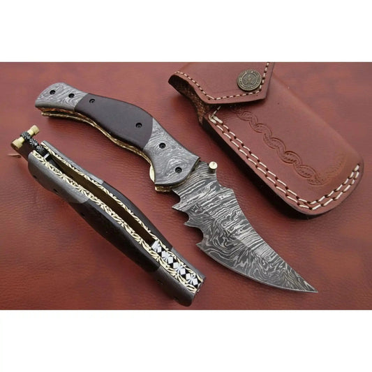 Handmade Damascus Folding Knife with Dark Wood Handle & Spine Jimping – Custom EDC Pocket Knife by JW SteelCrafts