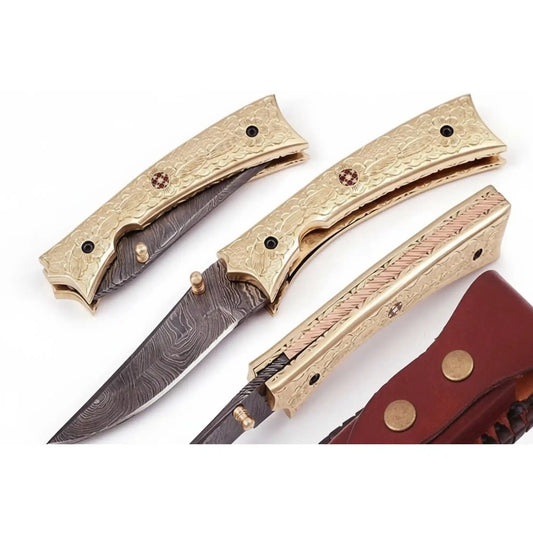 Handmade Damascus Folding Knife with Engraved Brass Handle & Precision Lock | JW SteelCrafts