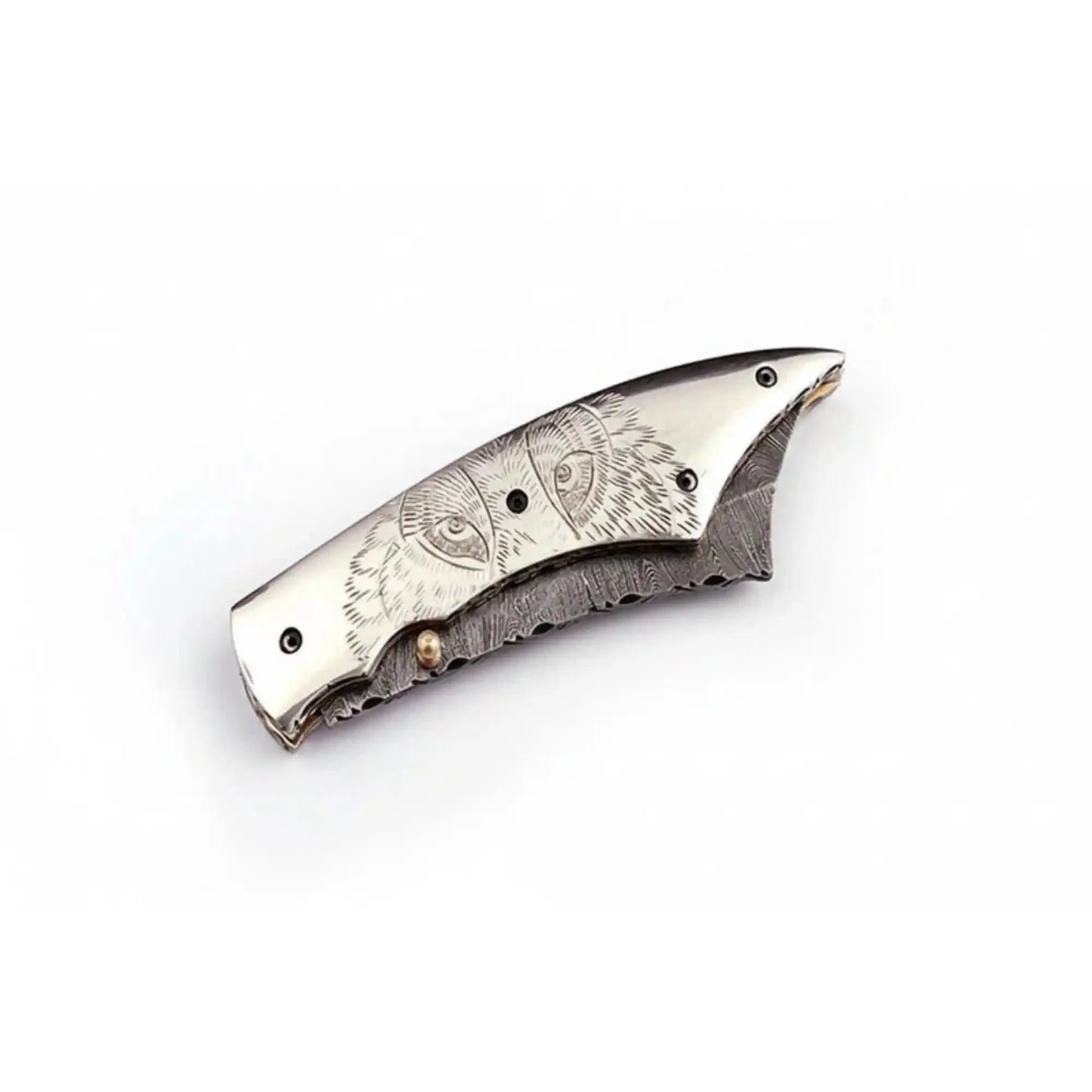 Handmade Damascus Folding Knife with Wolf Engraved Bone Handle & Leather Sheath