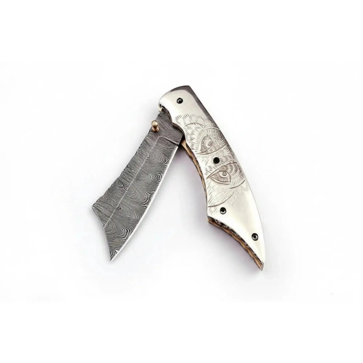 Handmade Damascus Folding Knife with Wolf Engraved Bone Handle & Leather Sheath