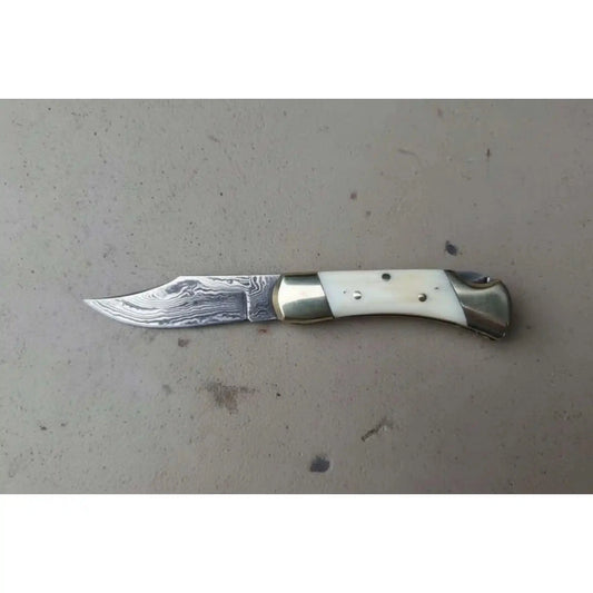 Handmade Damascus Folding Pocket Knife – Bone Handle with Brass Bolsters
