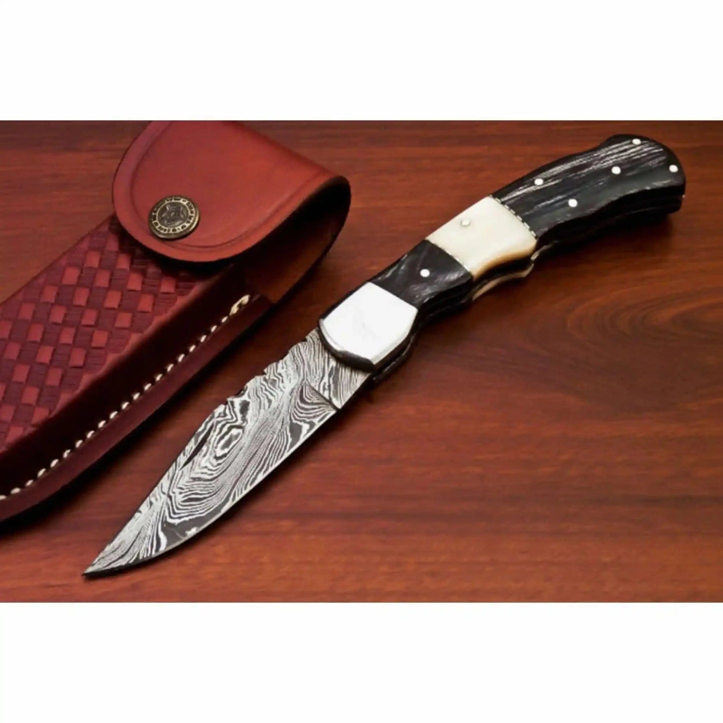 Handmade Damascus Folding Pocket Knife – Engraved & Plain Handle Variants | Leather Sheath Included