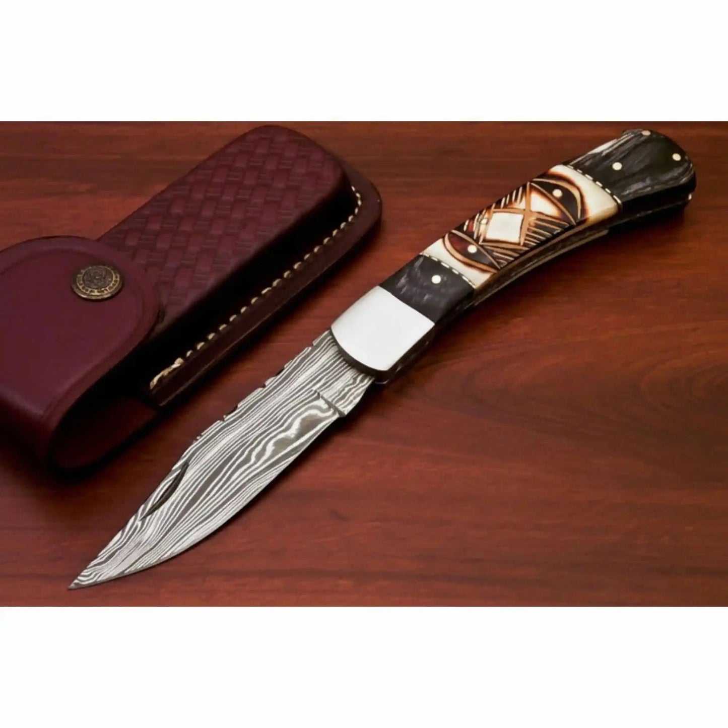 Handmade Damascus Folding Pocket Knife – Engraved & Plain Handle Variants | Leather Sheath Included