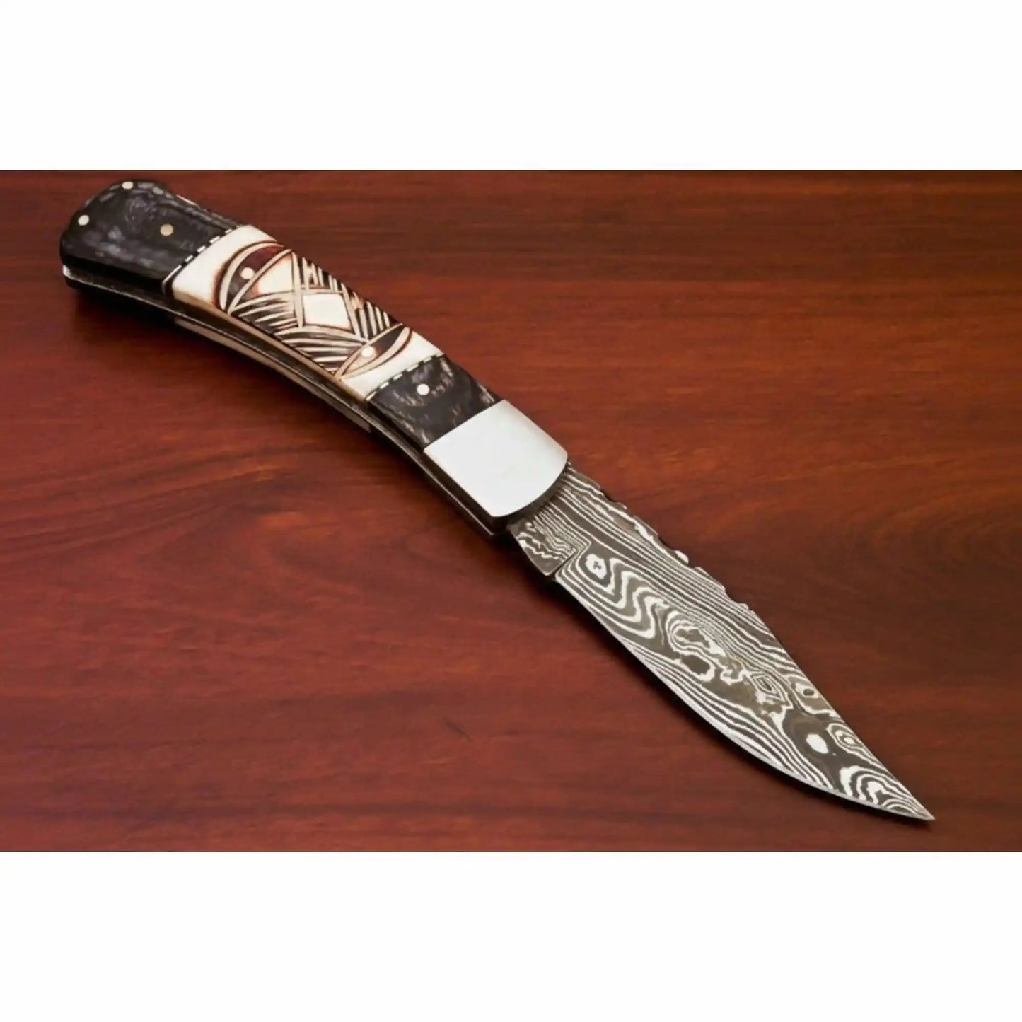 Handmade Damascus Folding Pocket Knife – Engraved & Plain Handle Variants | Leather Sheath Included