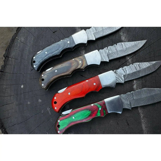 Handmade Damascus Steel Folding Knife – 4 Premium Handle Variations