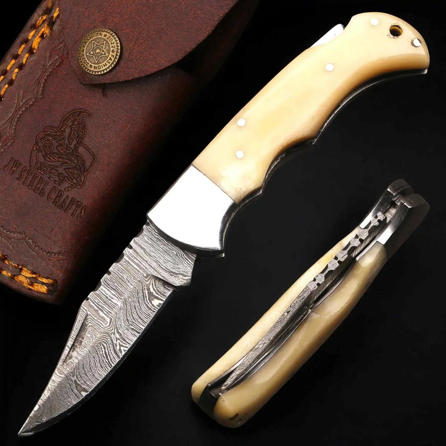 Handmade Damascus Steel Folding Knife – Camel Bone Handle (5 Handle Options)