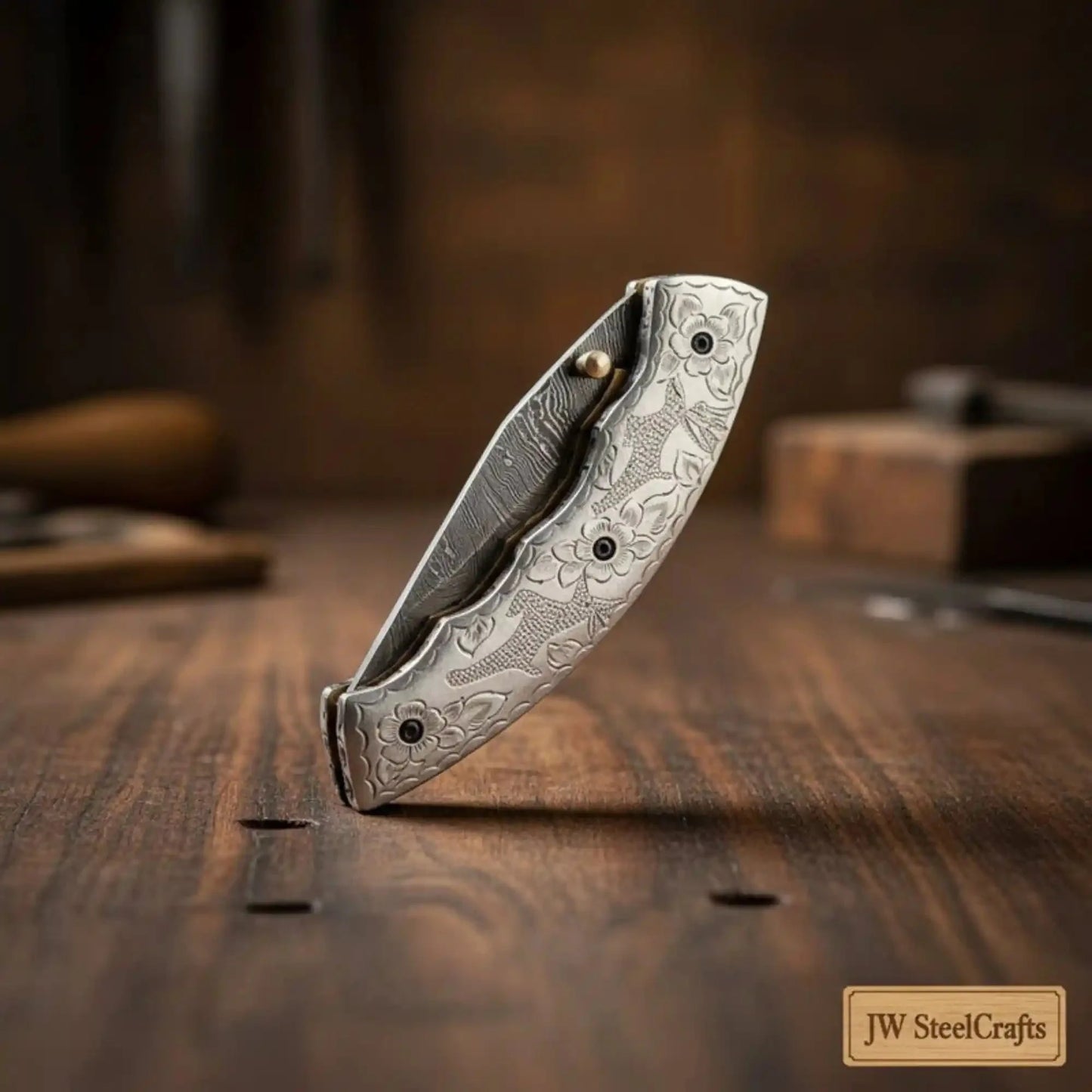 Handmade Damascus Steel Folding Knife – Engraved Brass Handle EDC Pocket Knife with Leather Sheath
