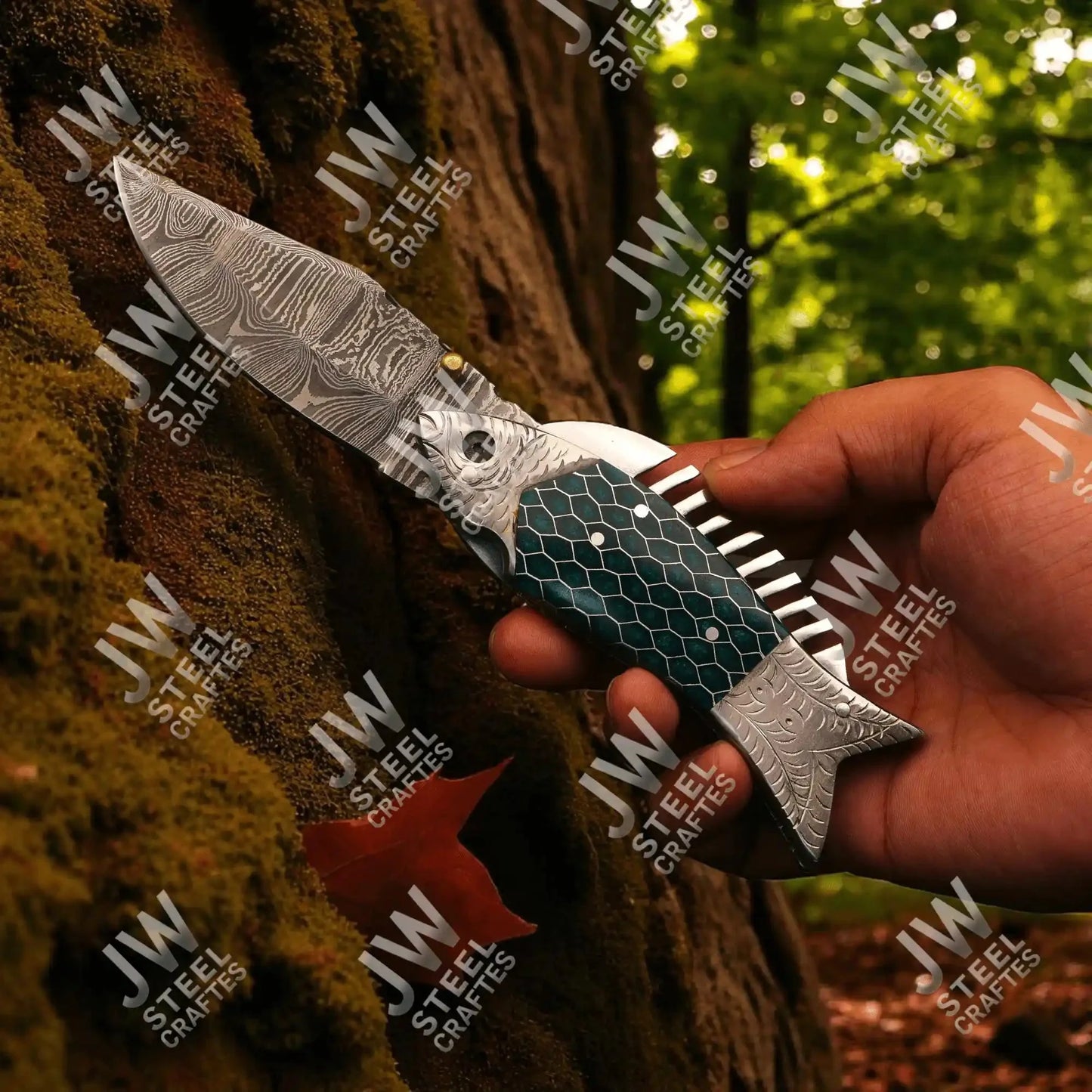 Handmade Damascus Steel Folding Knife – Green Honeycomb Handle