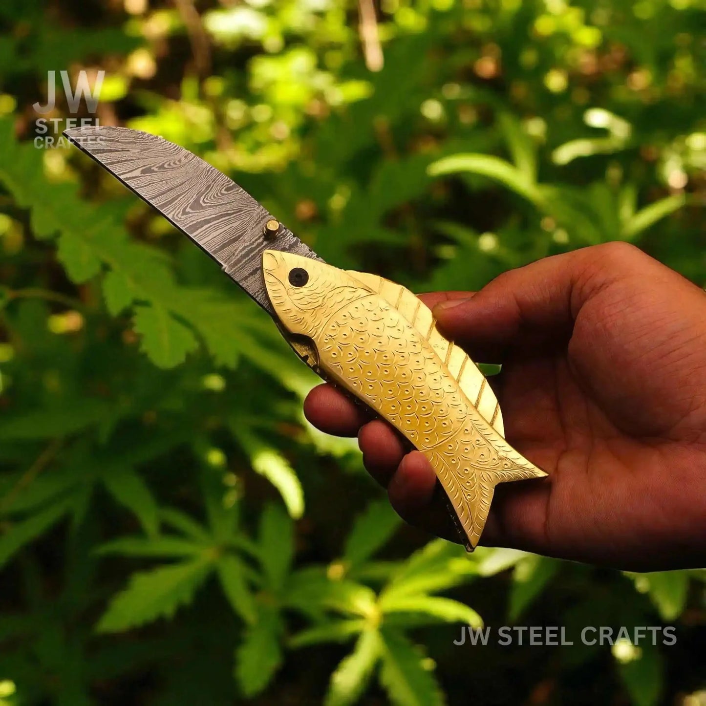 Handmade Damascus Steel Folding Knife with Engraved Brass Fish Handle