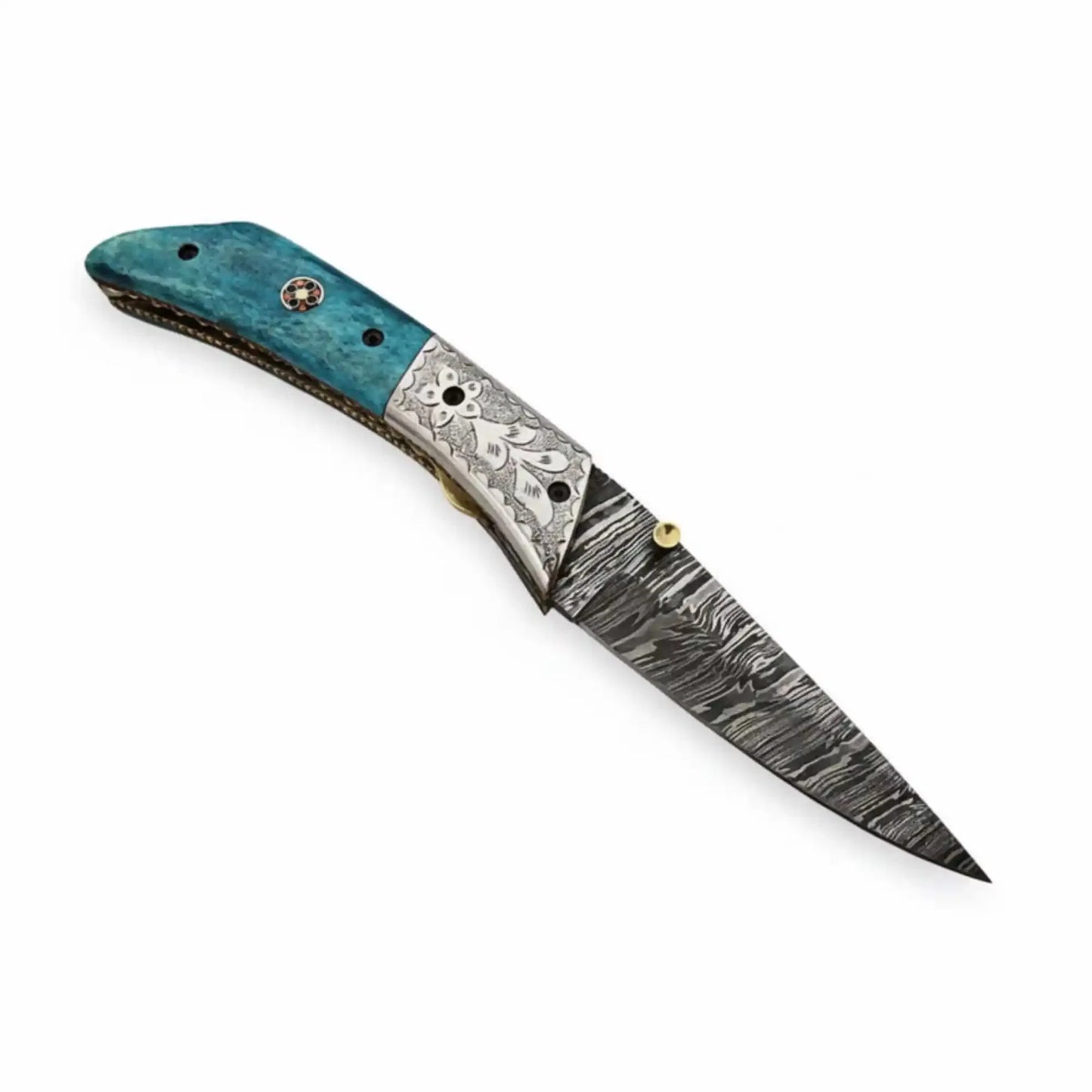 Handmade Damascus Steel Folding Knife with Teal Wood Handle & Engraved Bolster