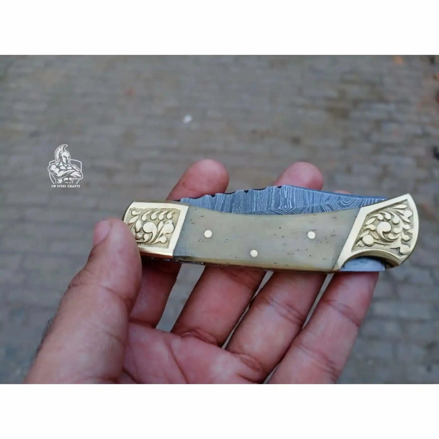 Handmade Damascus Steel Folding Pocket Knife with Bone Handle & Engraved Brass Bolsters