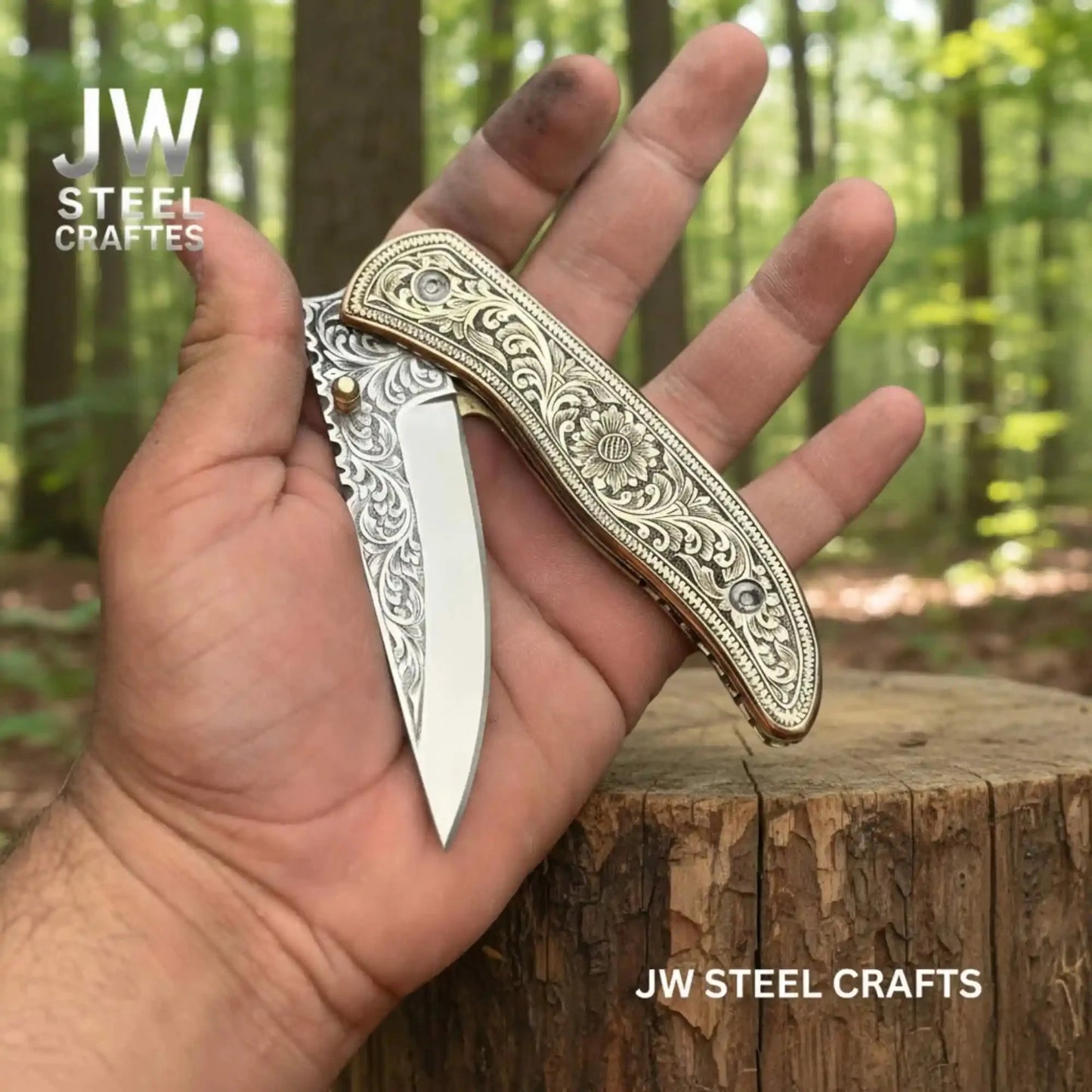 Handmade Engraved Folding Knife – Brass Handle EDC Pocket Knife